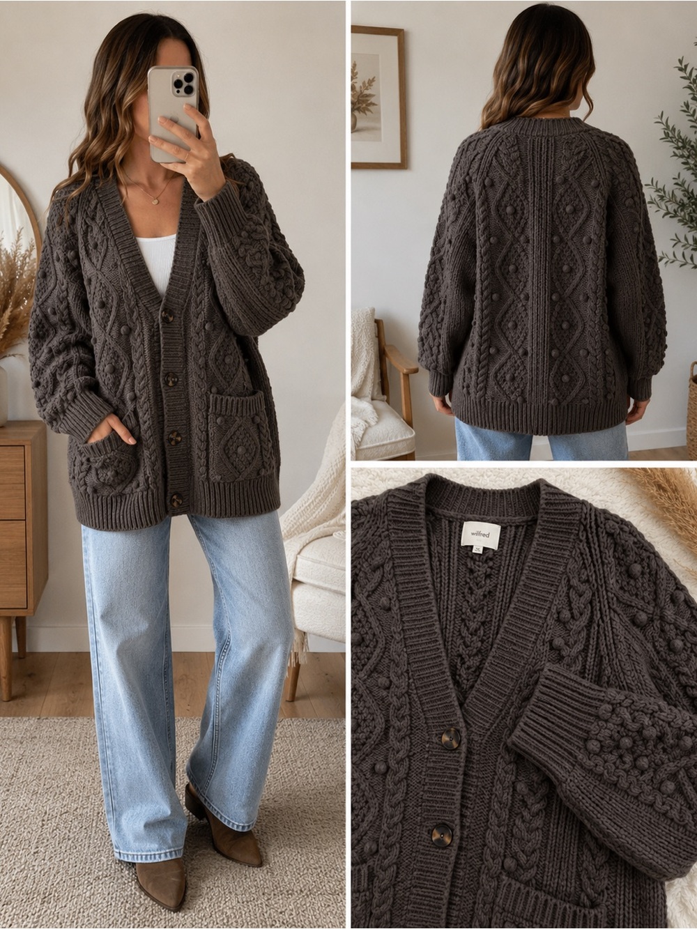 Size M Women’s Wilfred Montpellier Cardigan Merino Wool Cable Knit Taupe - Picture 2 of 9